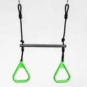 Trapeze bar with two green rings on adjustable ropes