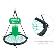 Web swing with a 100kg max label and a close-up of its 16mm ropes