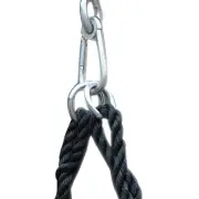 Galvanised steel carabiner and ring holding the swing ropes