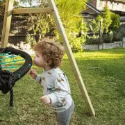 Toddler on the lawn beside the web swing and a leg of the timber frame