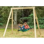 Two children on the web swing with the whole timber frame in view, in front of trees