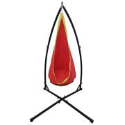 Red and yellow pod chair on the X stand, full view