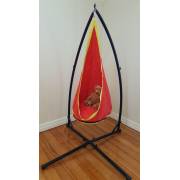 Red and yellow pod chair on the X stand with a teddy bear inside