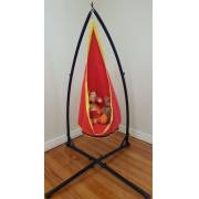 Red and yellow pod chair on the X stand filled with soft toys