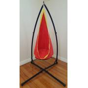 Red and yellow pod chair on the X stand indoors