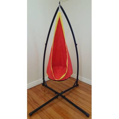 Red and yellow pod chair on the X stand indoors