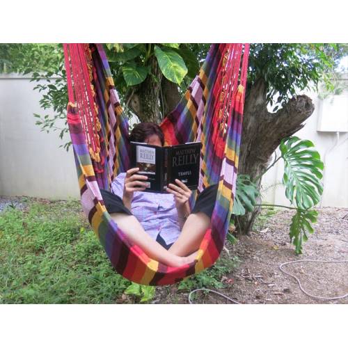 Red and Purple Canvas Hammock Chair with Woman