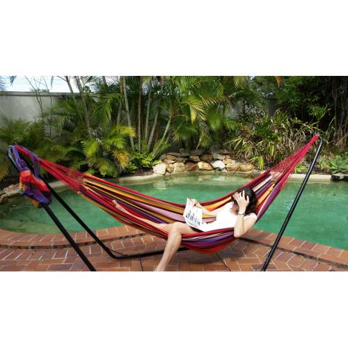 Large Purple and Red Multi-Coloured Canvas Hammock with Stand