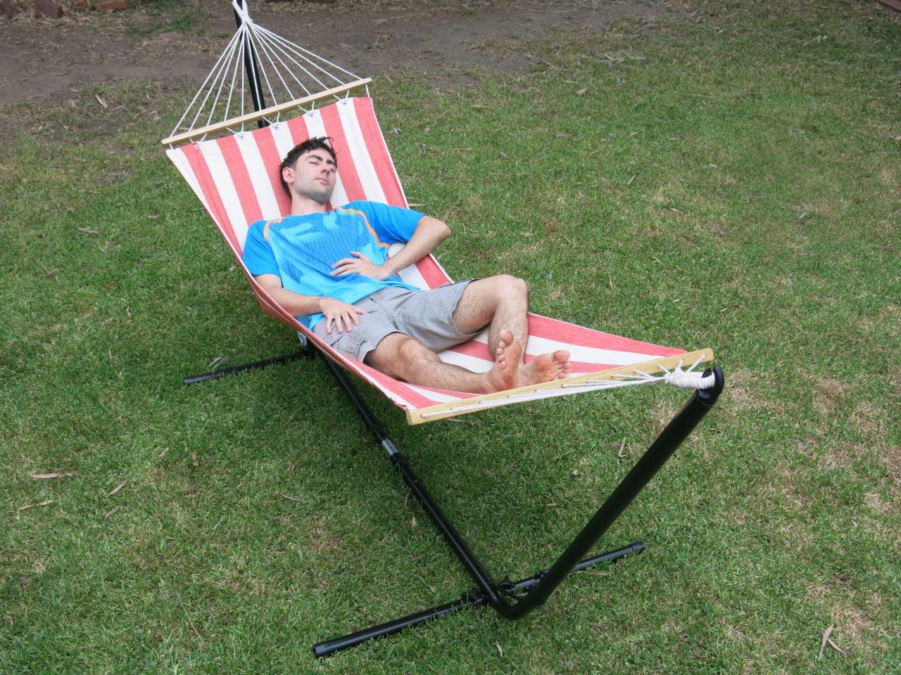 Free Standing Hammock Single Red And White Canvas Hammock With Adjustable Stand Heavenly Hammocks