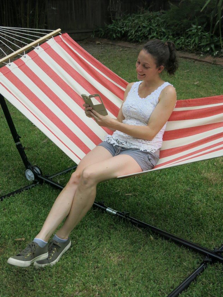 Small Red and White Canvas Hammock with Spreader Bar Selfie