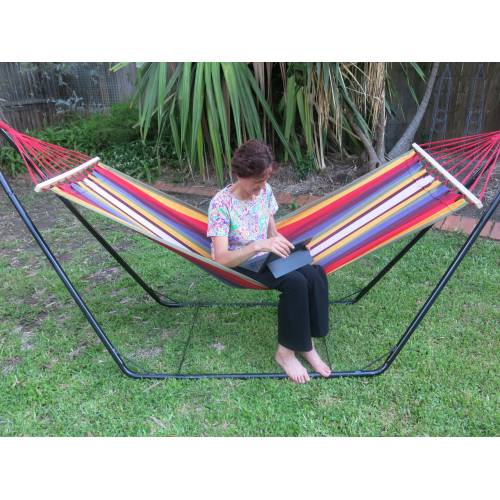Small Multi-Colour Canvas Hammock with Spreader Bar and Woman