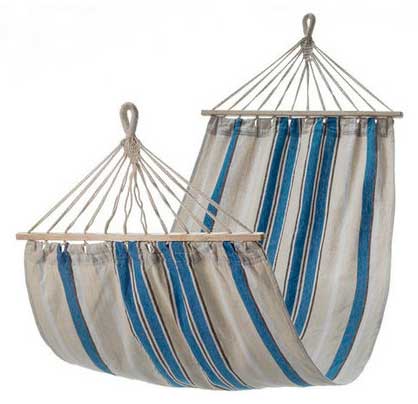 Small White and Blue Canvas Hammock with Spreader Bar