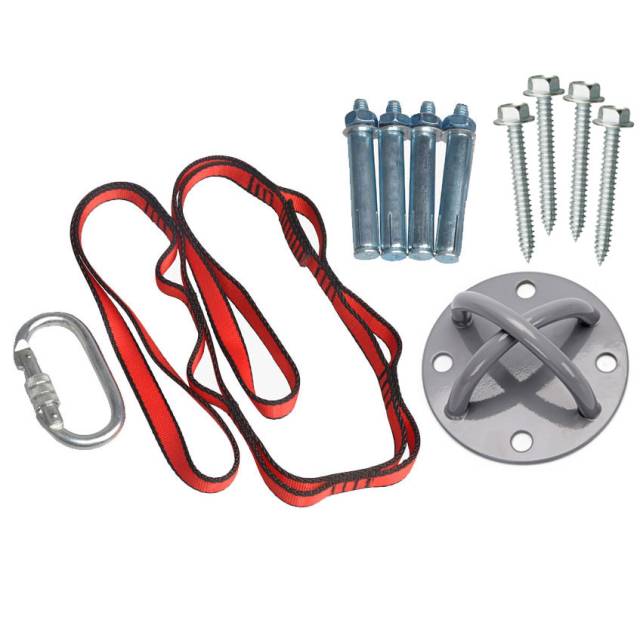 Ceiling anchor plate kit: steel plate, dynabolts, timber screws, two red straps and a carabiner
