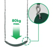 Belt swing with an 80kg max label and a close-up of its chain hook
