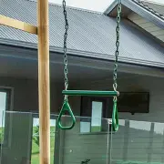 Green trapeze bar with two triangle hand rings on coated chains