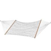White polyester rope hammock with wooden spreader bars, on white