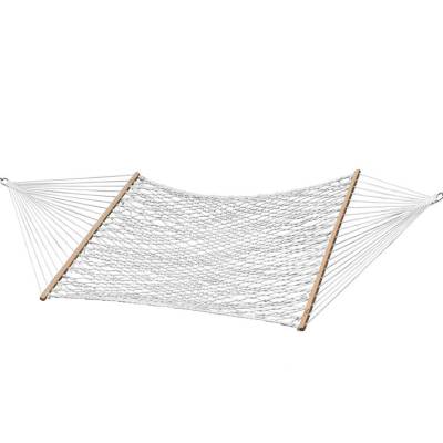 White polyester rope hammock with wooden spreader bars, on white