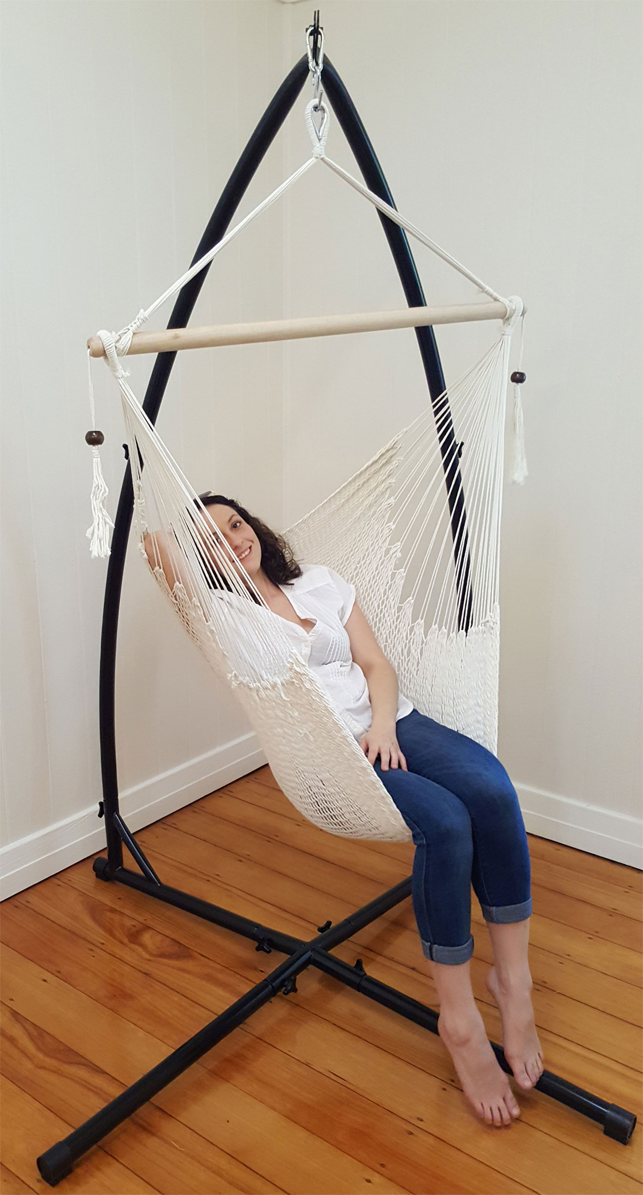 White Cotton Rope Hammock Chair With Tassels With Stand