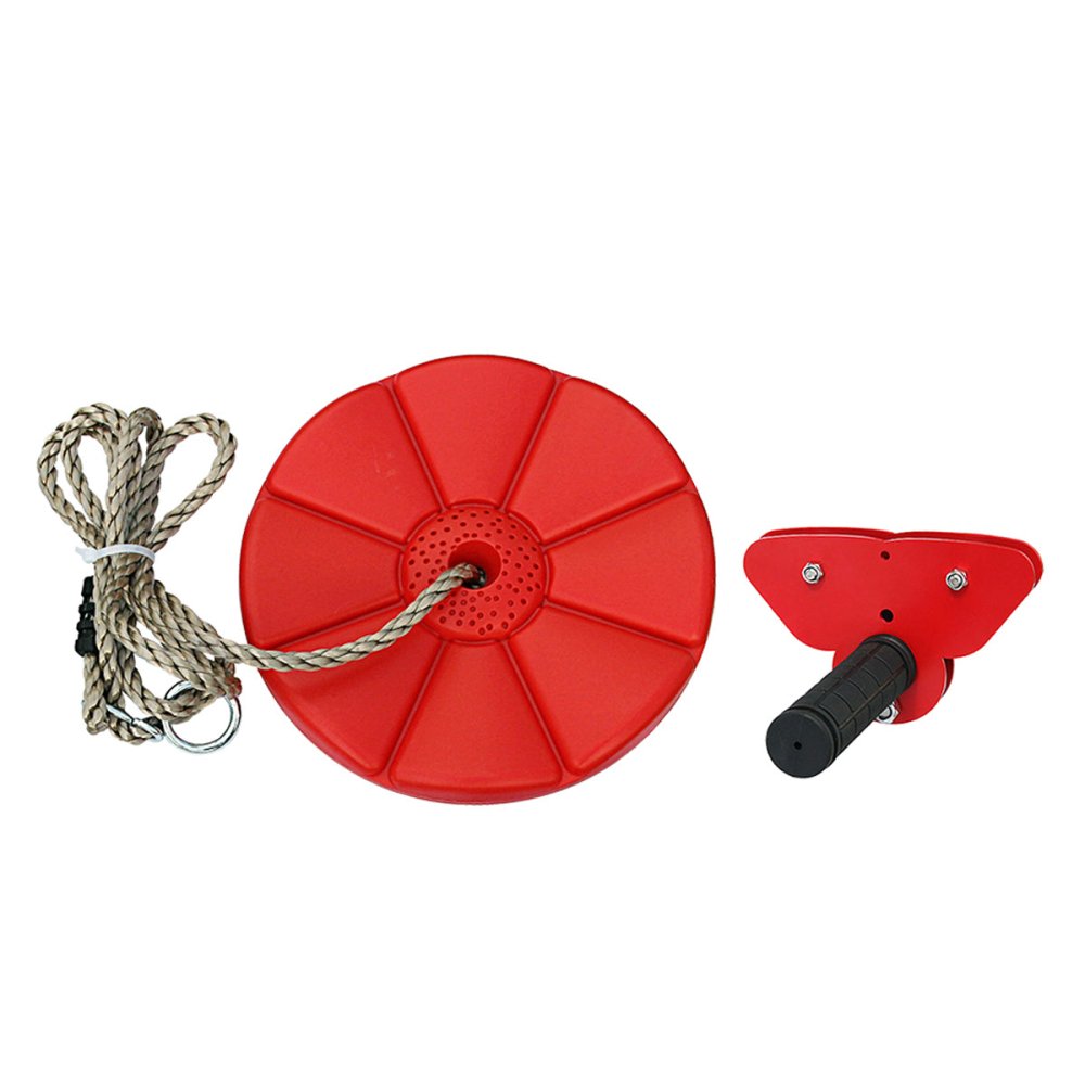 Red trolley and red disc seat with its rope, on white