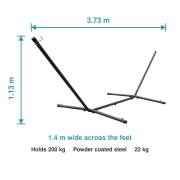 Dimensions of the 3.7m stand: 3.73m long, 1.4m wide across the feet and 1.13m tall