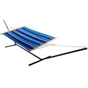 Blue striped spreader bar hammock hung on chains from the three beam stand, on white