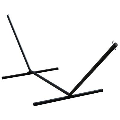 Black three beam steel hammock stand, on white